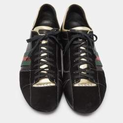 Gucci Gold/Black Leather and Suede Web Detail Low Top Sneakers Size 44.5