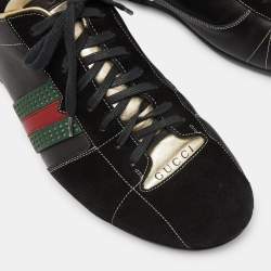 Gucci Gold/Black Leather and Suede Web Detail Low Top Sneakers Size 44.5