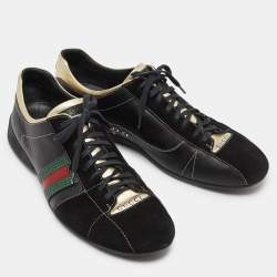 Gucci Gold/Black Leather and Suede Web Detail Low Top Sneakers Size 44.5
