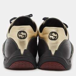 Gucci Gold/Black Leather and Suede Web Detail Low Top Sneakers Size 44.5