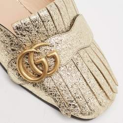 Pre Owned Gucci Gold Crackle Leather GG Marmont Fringe Flat Mules Size 35.5