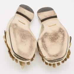 Pre Owned Gucci Gold Crackle Leather GG Marmont Fringe Flat Mules Size 35.5