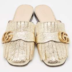 Pre Owned Gucci Gold Crackle Leather GG Marmont Fringe Flat Mules Size 35.5
