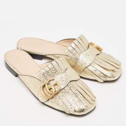 Pre Owned Gucci Gold Crackle Leather GG Marmont Fringe Flat Mules Size 35.5