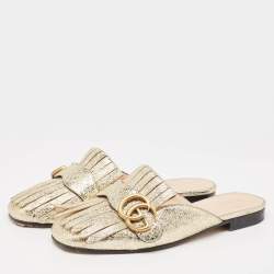 Pre Owned Gucci Gold Crackle Leather GG Marmont Fringe Flat Mules Size 35.5