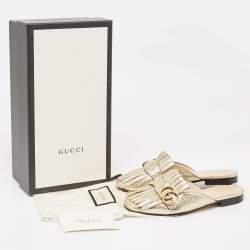 Pre Owned Gucci Gold Crackle Leather GG Marmont Fringe Flat Mules Size 35.5