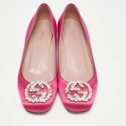 Pre Owned Gucci Pink Satin Crystal Embellished Interlocking G Pumps Size 36