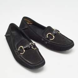 Gucci Black Suede Bamboo Horsebit Loafers Size 39