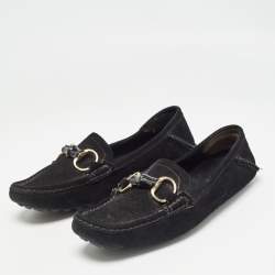 Gucci Black Suede Bamboo Horsebit Loafers Size 39