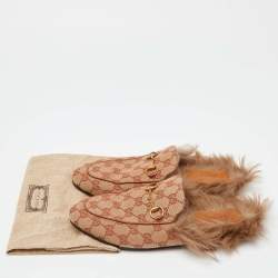 Pre Owned Gucci Beige GG Canvas and Leather Princetown Horsebit Flat Mules Size 38.5