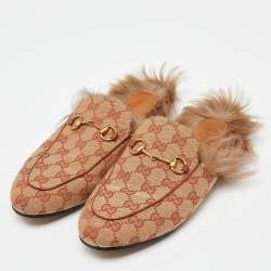 Pre Owned Gucci Beige GG Canvas and Leather Princetown Horsebit Flat Mules Size 38.5