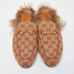 Pre Owned Gucci Beige GG Canvas and Leather Princetown Horsebit Flat Mules Size 38.5