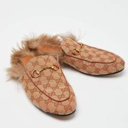 Pre Owned Gucci Beige GG Canvas and Leather Princetown Horsebit Flat Mules Size 38.5