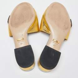 Gucci Gold Leather Crystal Embellished Slide Sandals Size 37