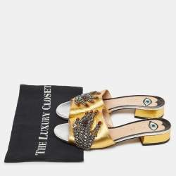 Gucci Gold Leather Crystal Embellished Slide Sandals Size 37