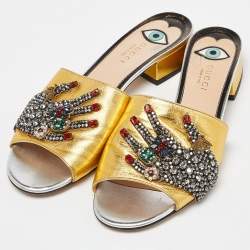 Gucci Gold Leather Crystal Embellished Slide Sandals Size 37