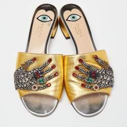 Gucci Gold Leather Crystal Embellished Slide Sandals Size 37