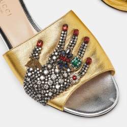 Gucci Gold Leather Crystal Embellished Slide Sandals Size 37