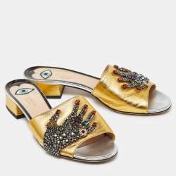 Gucci Gold Leather Crystal Embellished Slide Sandals Size 37