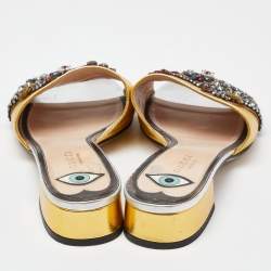 Gucci Gold Leather Crystal Embellished Slide Sandals Size 37