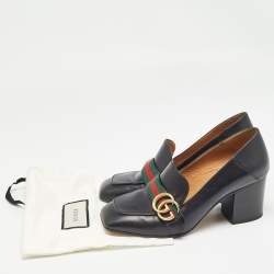 Pre Owned Gucci Black Leather Peyton Block Heel Pumps Size 37.5