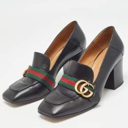 Pre Owned Gucci Black Leather Peyton Block Heel Pumps Size 37.5
