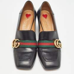 Pre Owned Gucci Black Leather Peyton Block Heel Pumps Size 37.5