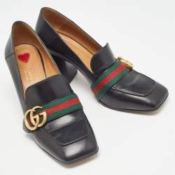 Pre Owned Gucci Black Leather Peyton Block Heel Pumps Size 37.5