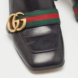 Pre Owned Gucci Black Leather Peyton Block Heel Pumps Size 37.5