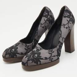 Gucci Black/Grey Floral Lace and Satin Platform Round Toe Pumps Size 37