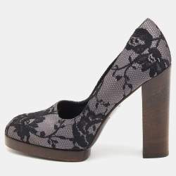 Gucci Black/Grey Floral Lace and Satin Platform Round Toe Pumps Size 37