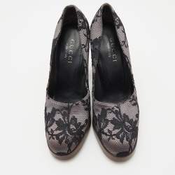 Gucci Black/Grey Floral Lace and Satin Platform Round Toe Pumps Size 37