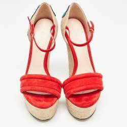 Pre Owned Gucci Red/Beige Suede Floral Embroidered Espadrille Wedge Platform Ankle Strap Sandals Size 37.5