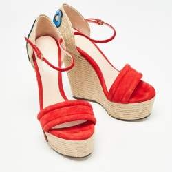 Pre Owned Gucci Red/Beige Suede Floral Embroidered Espadrille Wedge Platform Ankle Strap Sandals Size 37.5