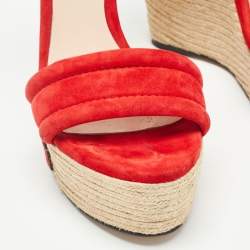 Pre Owned Gucci Red/Beige Suede Floral Embroidered Espadrille Wedge Platform Ankle Strap Sandals Size 37.5