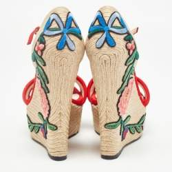 Pre Owned Gucci Red/Beige Suede Floral Embroidered Espadrille Wedge Platform Ankle Strap Sandals Size 37.5