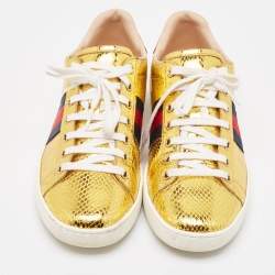 Gucci Gold Embossed Snakeskin Ace Sneakers Size 39