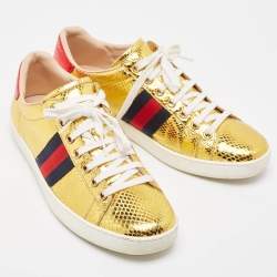 Gucci Gold Embossed Snakeskin Ace Sneakers Size 39
