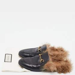 Pre Owned Gucci Black Leather Fur Lined Princetown Flat Mules Size 40