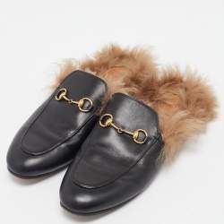 Pre Owned Gucci Black Leather Fur Lined Princetown Flat Mules Size 40