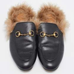 Pre Owned Gucci Black Leather Fur Lined Princetown Flat Mules Size 40