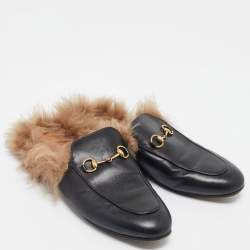 Pre Owned Gucci Black Leather Fur Lined Princetown Flat Mules Size 40