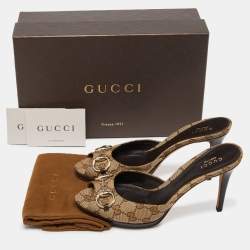 Gucci Beige/Brown GG Canvas and Leather New Hollywood Horsebit Slides Size 39