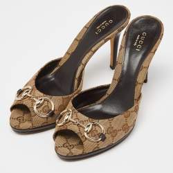 Gucci Beige/Brown GG Canvas and Leather New Hollywood Horsebit Slides Size 39
