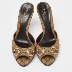 Gucci Beige/Brown GG Canvas and Leather New Hollywood Horsebit Slides Size 39