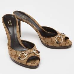 Gucci Beige/Brown GG Canvas and Leather New Hollywood Horsebit Slides Size 39
