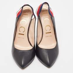 Pre Owned Gucci Black Leather Sylvie Web Slingback Pumps Size 37
