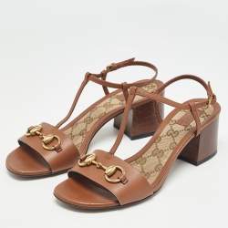 Gucci Brown Leather Horsebit T-Strap Sandals Size 37.5