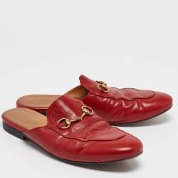 Pre Owned Gucci Red Leather Princetown Flat Mules Size 37.5 