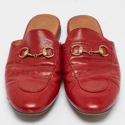 Pre Owned Gucci Red Leather Princetown Flat Mules Size 37.5 